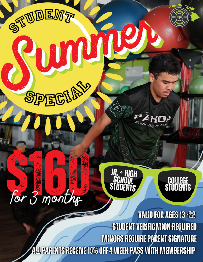 Promotional flyer for Fitness Forever’s Student Summer Special: $160 for 3 months. Offer valid for students ages 13–22 with verification. Includes bonus discount for parents.