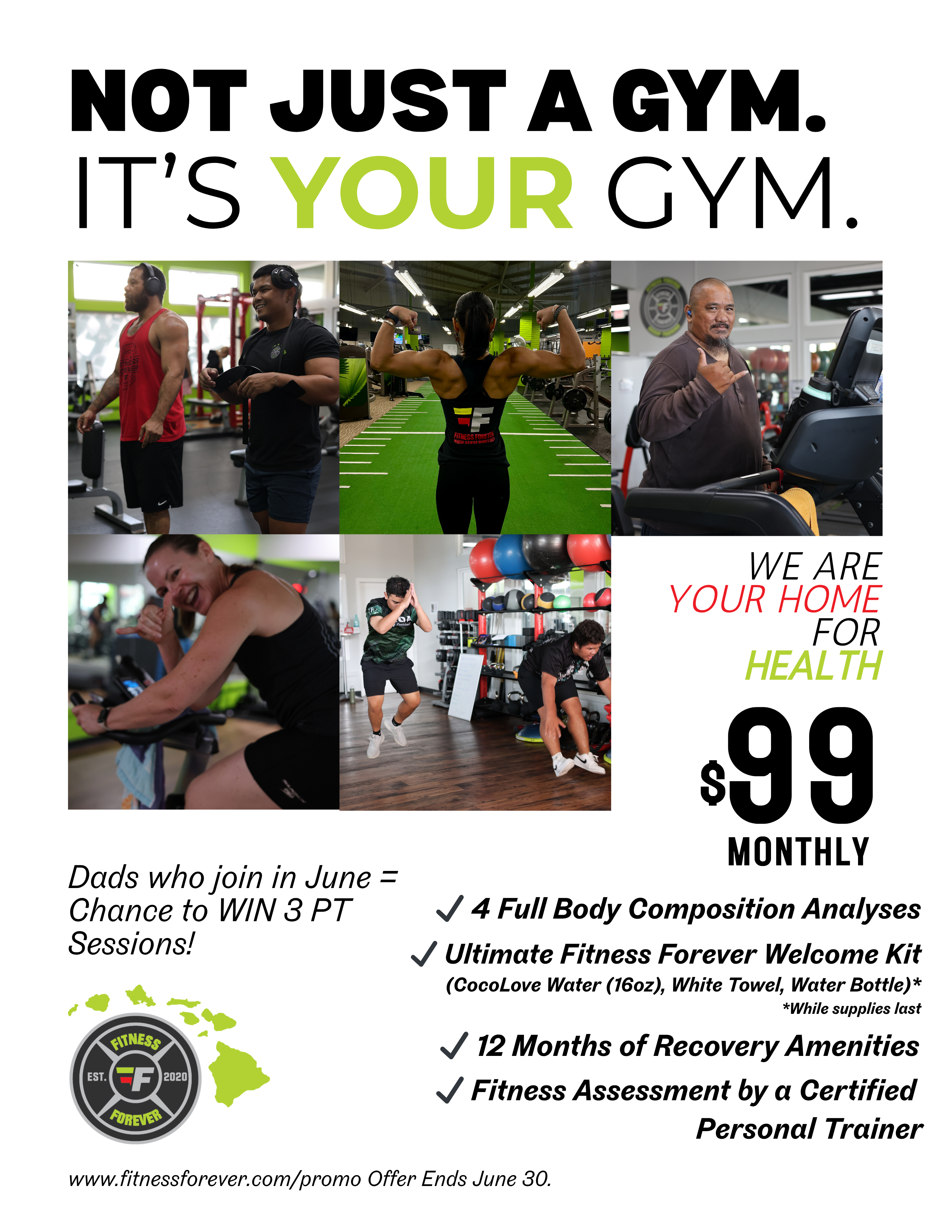 Collage of gym members working out with text: It’s not just a gym. It’s your gym. Includes promotion for dads—free progress scans and chance to win personal training.