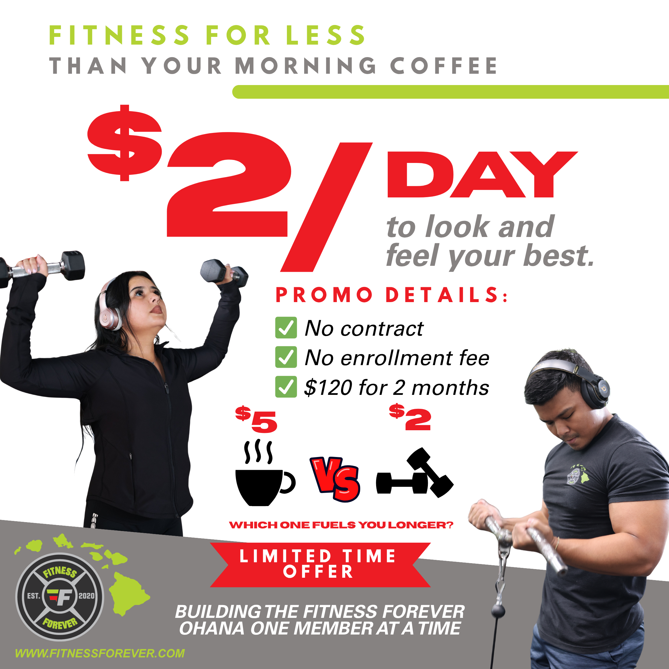 Your Health is Worth More Than a Cup of Coffee 💪 Just $2 a Day for 2 Months of Fitness Forever ✔️ No Contract ✔️ No Enrollment Fee ✔️ All-In Access for Only $120