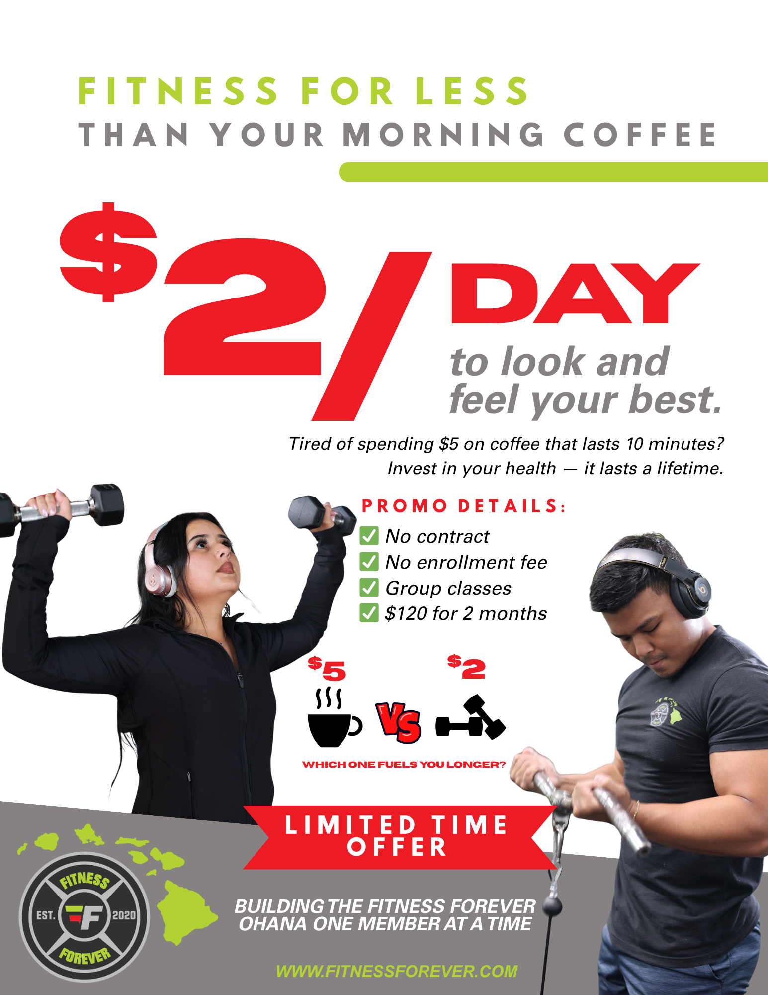 Your Health is Worth More Than a Cup of Coffee 💪 Just $2 a Day for 2 Months of Fitness Forever ✔️ No Contract ✔️ No Enrollment Fee ✔️ All-In Access for Only $120